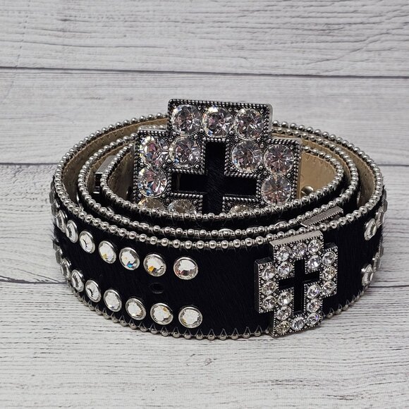 b.b. Simon Black Studded Pony Hair Cross Crystal‎ Belt Size 38